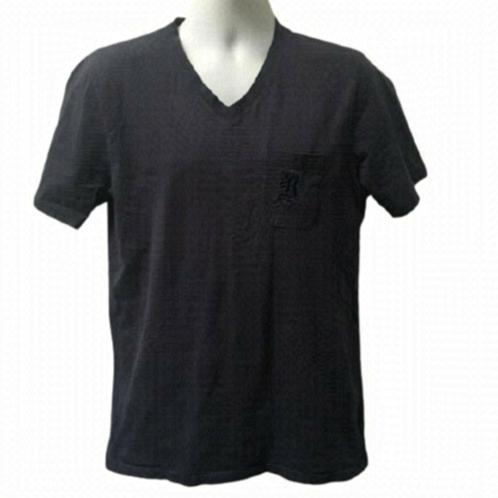 ROCHAS Paris Navy Blue V-neck Embroidered Pocket Short Sleeve Shirt